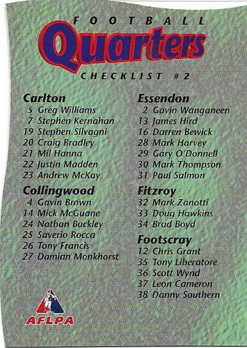 1995 Bewick Enterprises AFLPA Football Quarters - Checklists #NNO Checklist #2 Front